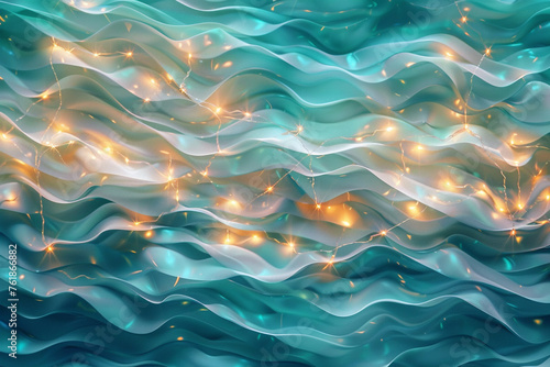 A backdrop of diffused, glowing lights in a pattern that mimics the gentle ocean, in serene shades of turquoise, seafoam green, and deep blue.