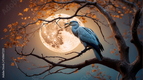 A large bird sits nestled on a knotted tree branch, its bright plumage reflecting the ethereal light of the moon. photo
