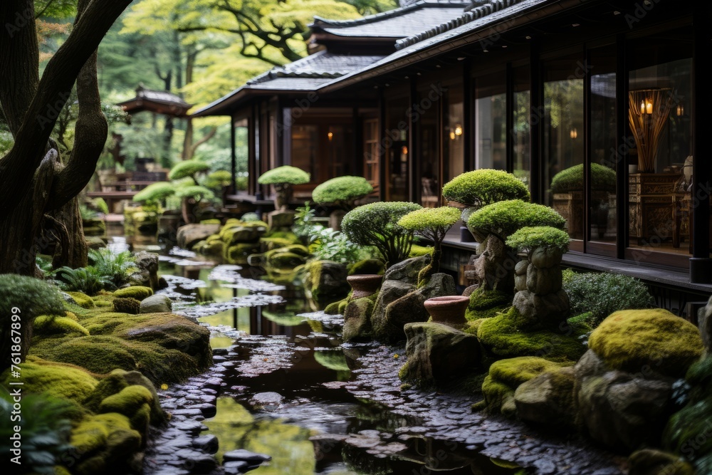Traditional Japanese garden with a stream, house, and lush vegetation