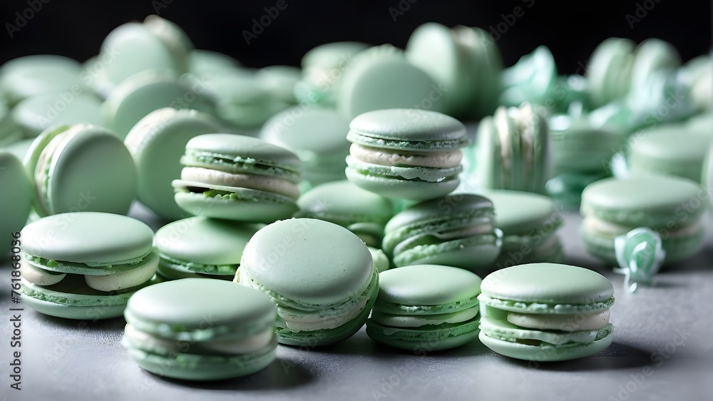 On a shiny, sparkling background, there are multiple piles of delectable mint green macarons. The macarons are arranged neatly, showcasing their smooth, delicate shells and enticing pastel green color On a shiny, sparkling background, there are multiple piles of delectable mint green macarons. The macarons are arranged neatly, showcasing their smooth, delicate shells and enticing pastel green color