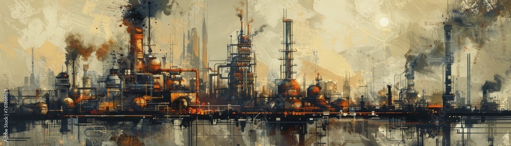 Circular Industrial Landscapes feature abstract earthy tones in sustainable processes, harmonizing with nature's hues. - obrazy, fototapety, plakaty 