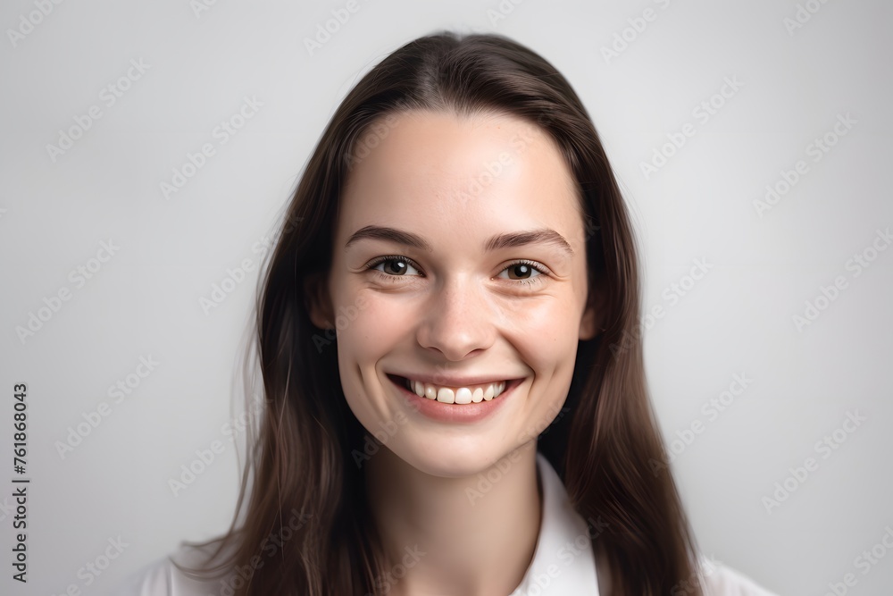 A woman with long brown hair smiling at the camera A woman with long brown hair smiling at the camera