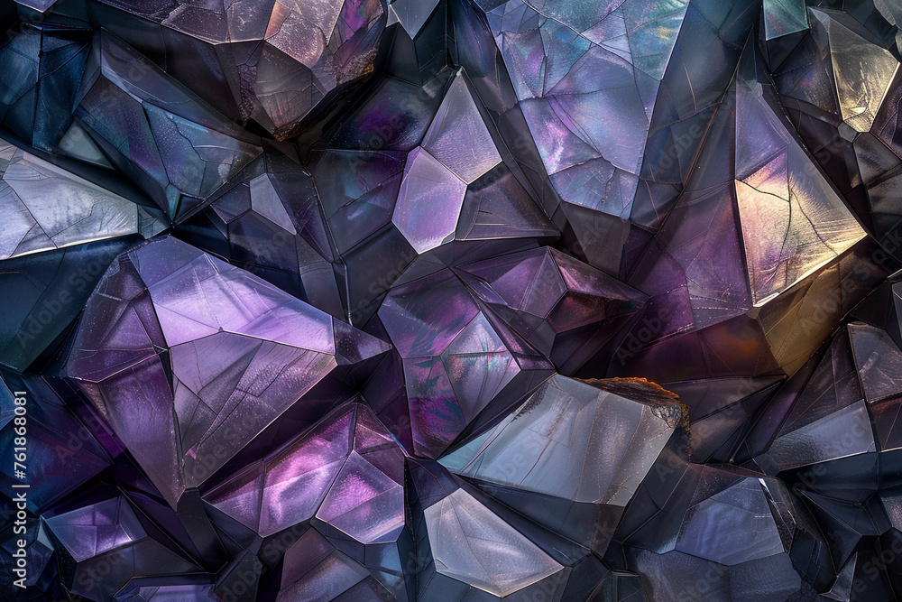 A captivating array of crystalline polygons that resemble a geode, with inner facets shining in shades of amethyst, quartz, and sapphire. A captivating array of crystalline polygons that resemble a geode, with inner facets shining in shades of amethyst, quartz, and sapphire.