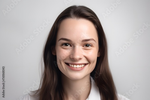 A woman with long brown hair smiling at the camera