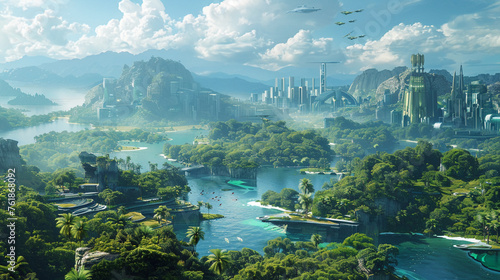 Breathtaking landscapes, lush forests, exotic creatures, bustling cities in a futuristic world, where Earths continents have merged into a supercontinent