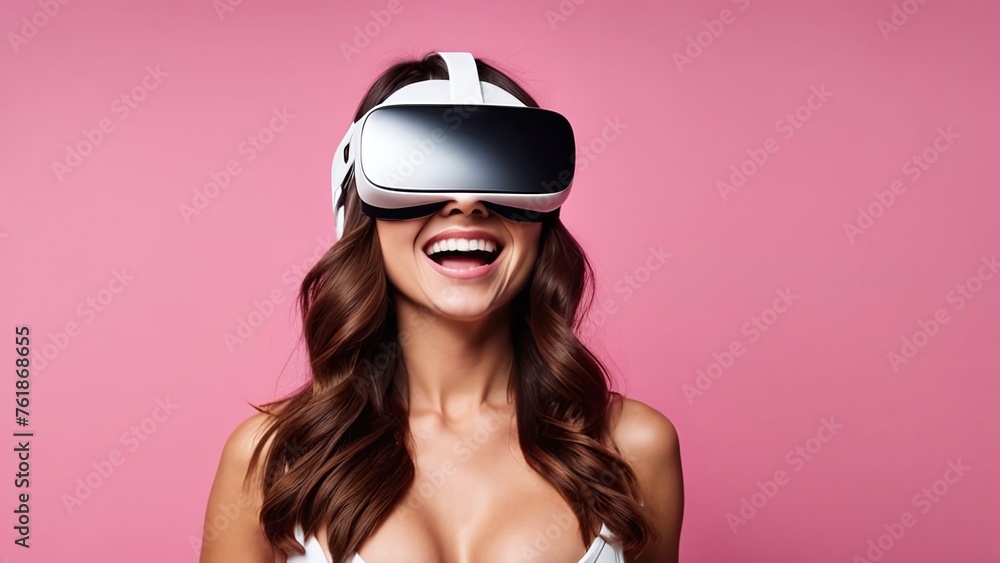 portrait of laughing woman wearing augmented virtual reality glasses on pink background portrait of laughing woman wearing augmented virtual reality glasses on pink background