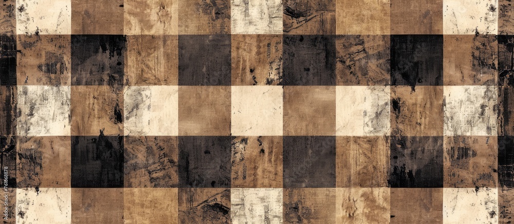 Fototapeta premium A detailed closeup of a brown and beige checkered textile pattern on a wooden surface, resembling military camouflage. The rectangular design adds a touch of art to the floor