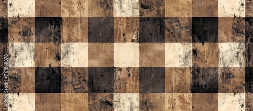 A detailed closeup of a brown and beige checkered textile pattern on a wooden surface  resembling military camouflage. The rectangular design adds a touch of art to the floor