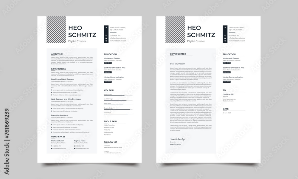 Clean Two Column Resume and Cover Letter Layout Set
