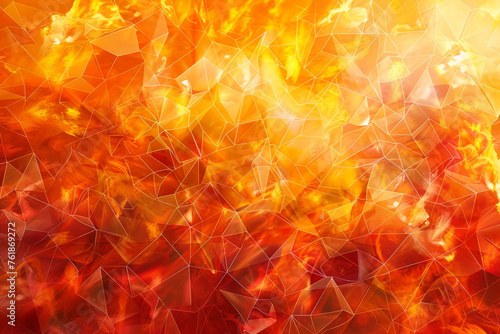 A fiery abstract background of interlocking polygons in shades of red, orange, and yellow, simulating the dynamic movements of flames.