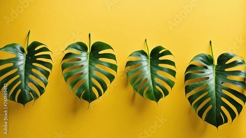yellow wall background with some monstera leaves