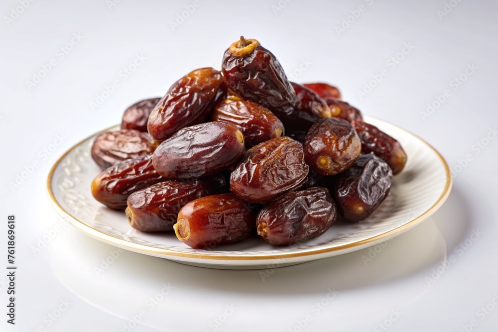 A plate of premium dates on the white table. Ramadan kareem holiday celebration concept for muslim. A plate of premium dates on the white table. Ramadan kareem holiday celebration concept for muslim.