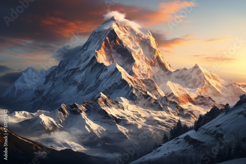 Snowcovered mountain with sunset sky, creating a stunning natural landscape