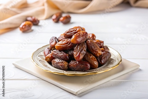 A plate of premium dates on the white table. Ramadan kareem holiday celebration concept for muslim.