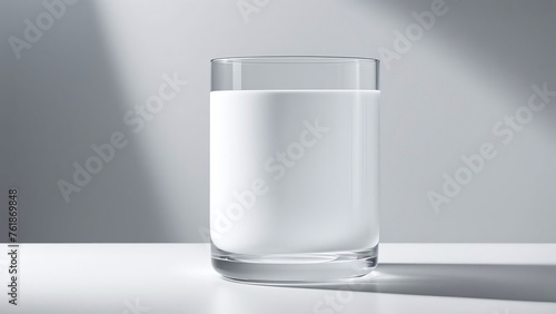 glass of milk on white table with studio light