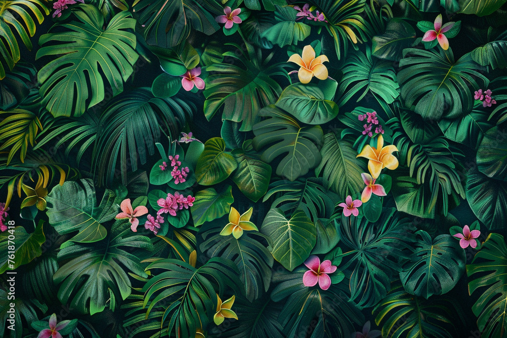 A pattern of exotic, tropical leaves in vivid shades of green, with splashes of bright pink and yellow flowers, against a deep, dark green background, bringing the lushness of the jungle indoors. A pattern of exotic, tropical leaves in vivid shades of green, with splashes of bright pink and yellow flowers, against a deep, dark green background, bringing the lushness of the jungle indoors.