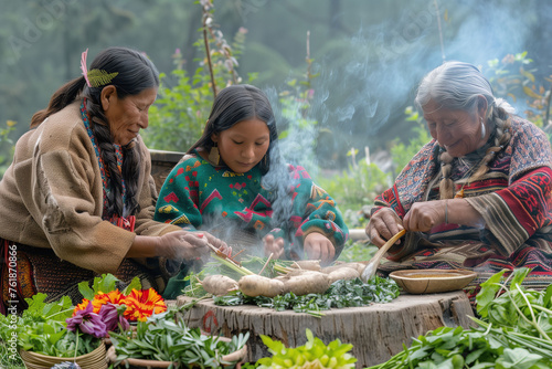 Indigenous Family Preparing Traditional Meal Outdoors photo