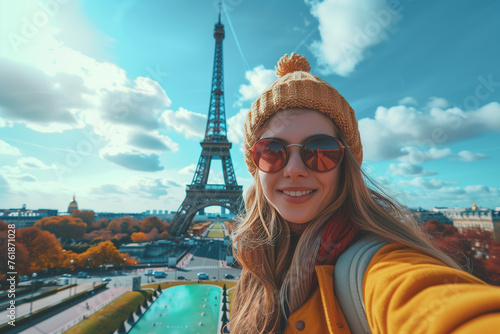 Young Woman's Selfie in Front of Eiffel Tower