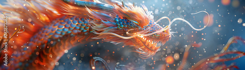 Dragon, vibrant scales, mythical creature of power, dancing in a festive parade, Lantern Festival celebration, 3D render, backlights, bokeh effect