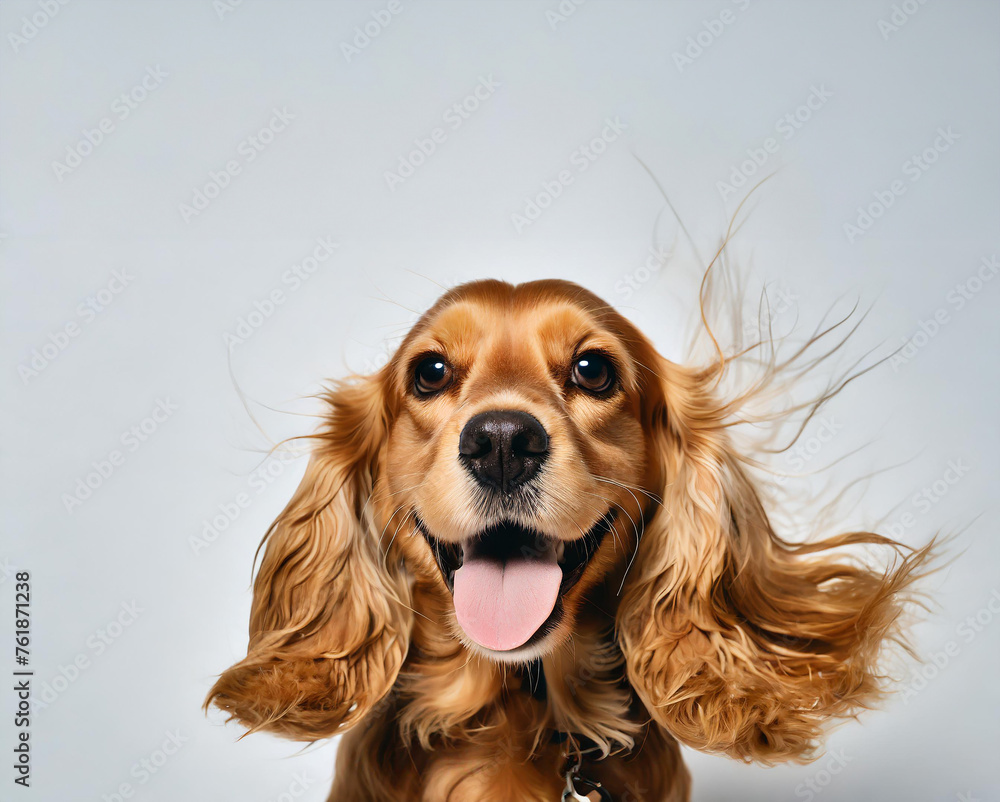 Fotografía de alta resolución de perro cocker spaniel tierno sonriendo y muy simpático asomádo por un costado