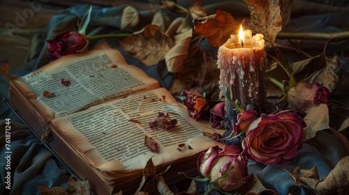 dried roses, candle and book on a cloth