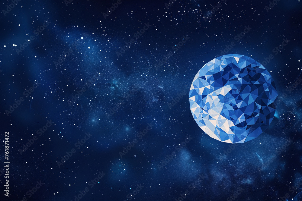 Naklejka premium A polygonal night sky, where each star is a bright, glowing polygon against a deep indigo background, with a large, luminous polygonal moon.