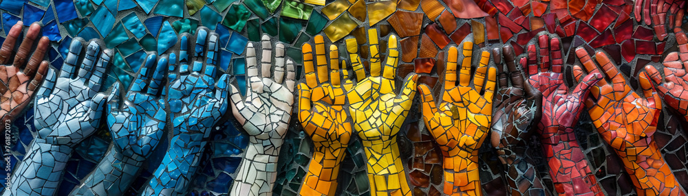 Equity Mosaic Project, featuring hands of different skin tones coming together to form a beautiful mosaic pattern symbolizing unity and equality Photography, Sunlight, Vignette Equity Mosaic Project, featuring hands of different skin tones coming together to form a beautiful mosaic pattern symbolizing unity and equality Photography, Sunlight, Vignette