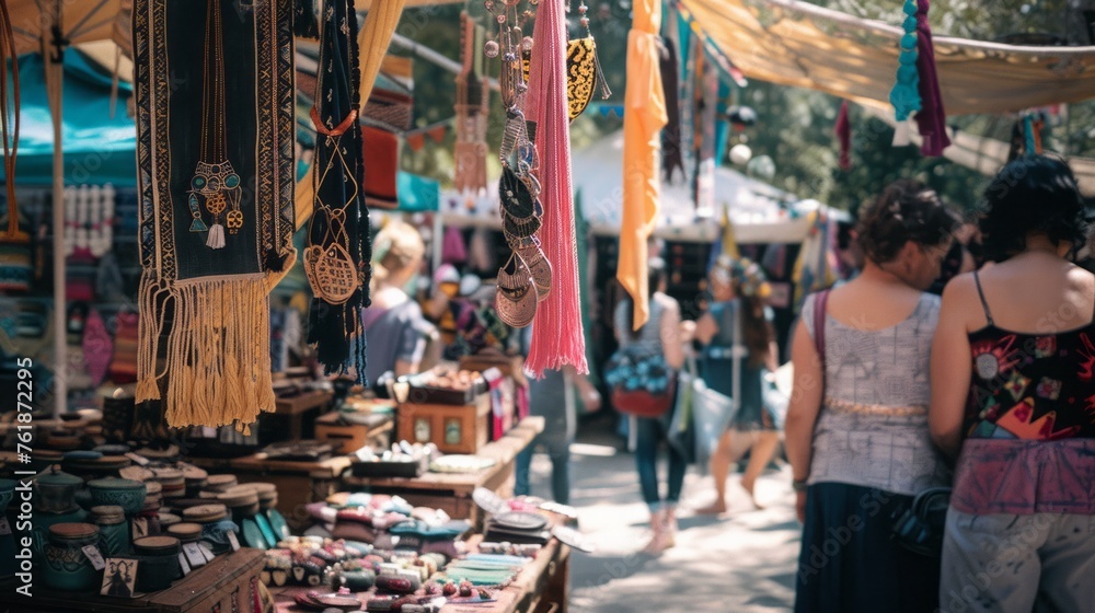 A boho craft fair with handmade jewelry and colorful textiles, 