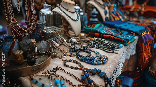 A boho craft fair with handmade jewelry and colorful textiles,  photo