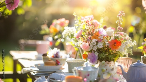 A sunny springtime garden party with floral arrangements and elegant decor,