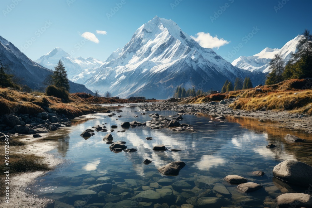 A river flows through a mountain valley with a snowy peak in the background - obrazy, fototapety, plakaty 