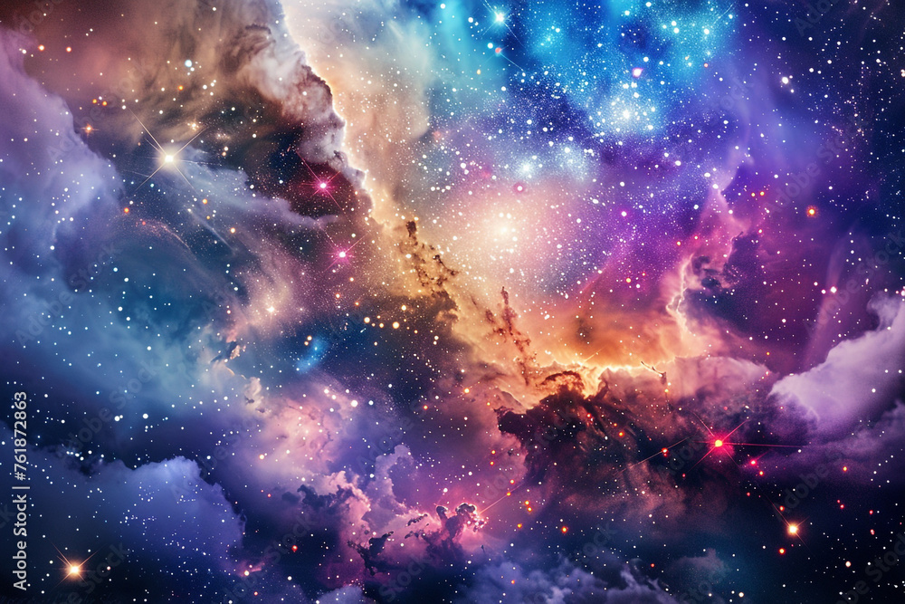 Aesthetic background with a mesmerizing celestial scene of the Milky a velvety night sky, dotted with sparkling stars and wisps of colorful nebulae.