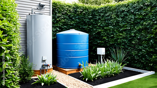 modern water tank in the garden with plants