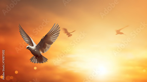 Hands praying and free bird enjoying nature on sunset background, hope concept. Generative ai illustration.
