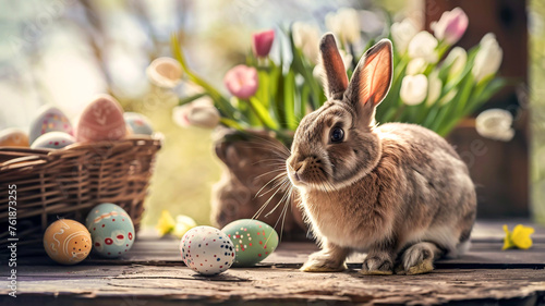 Easter Bunny rabbit sitting on wooden decking in the garden surrounded by flowers and hand painted Easter eggs PC desktop background Easter greeting card image © RCH Photographic