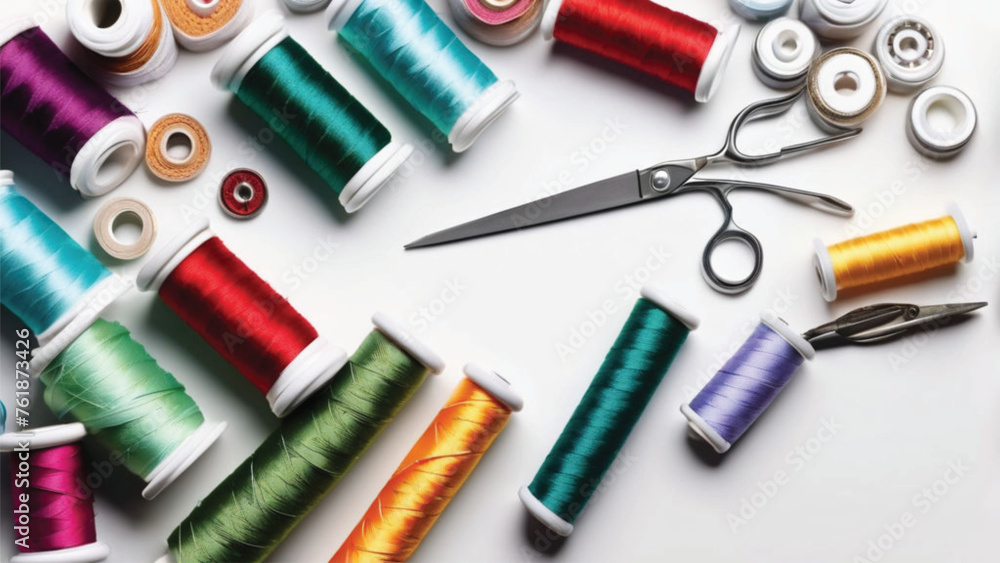 sewing tools and scissors - obrazy, fototapety, plakaty 