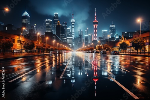 Cityscape with skyscrapers reflected in wet asphalt street at night