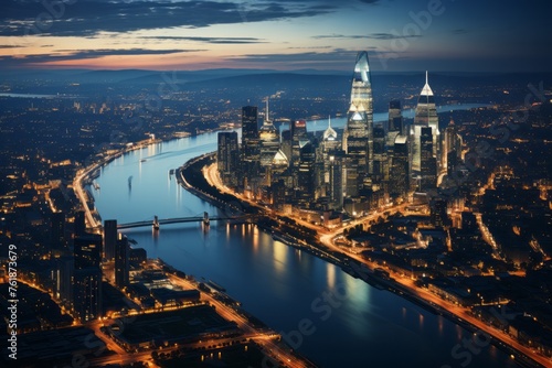 Nighttime aerial view of city with river, skyscrapers, and natural landscape