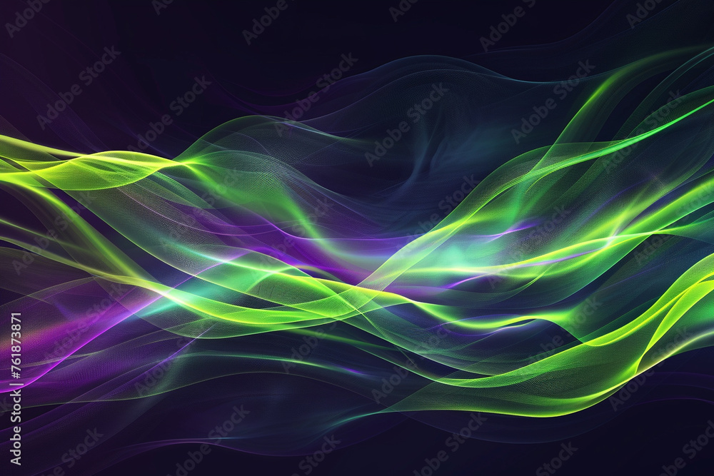 Naklejka premium Dark abstract background with glowing wave in neon green and purple