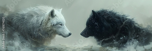 White wolf and black wolf - duel of good and evil ,
Direwolf art Ghost from game of thrones red eyes  photo
