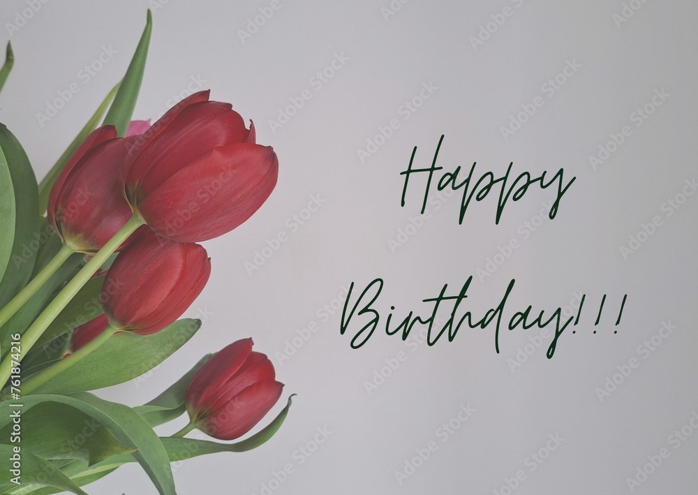 Fototapeta premium Birthday card with flowers and the inscription Happy Birthday