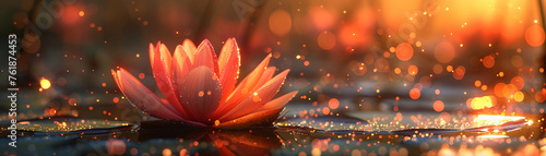 Lotus flower, tranquil, meditation guide, exploring a peaceful digital forest with glowing screens and floating social media icons Realistic, Golden hour, Depth of field bokeh effect