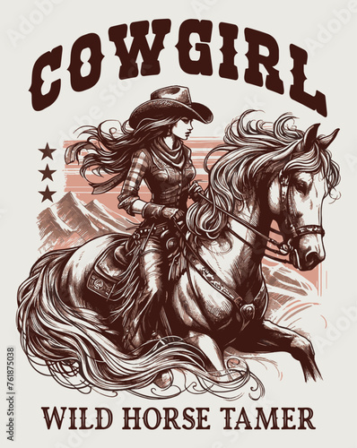 Beautiful drawing of a cowgirl in a posture of power and confidence. Artwork design, illustration for T-shirt printing, poster, badge wild west style, American Western.	Generative AI