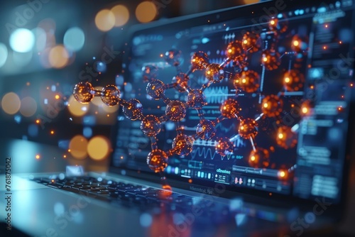 Digital visualization of a breakthrough medications molecular structure on a laptop in a lab, copy space