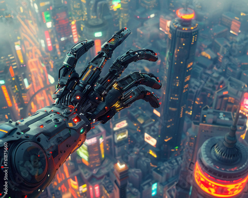 Neural Augmentation, Bionic Limbs, A person with bio-digital implants overlooking a cyberpunk metropolis photo