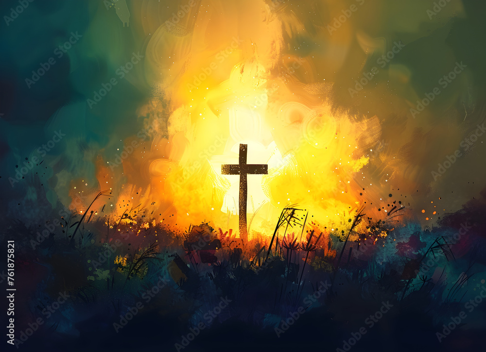Spiritual illustration of Jesus on the cross with a background of light. Suitable for religious events and banners.