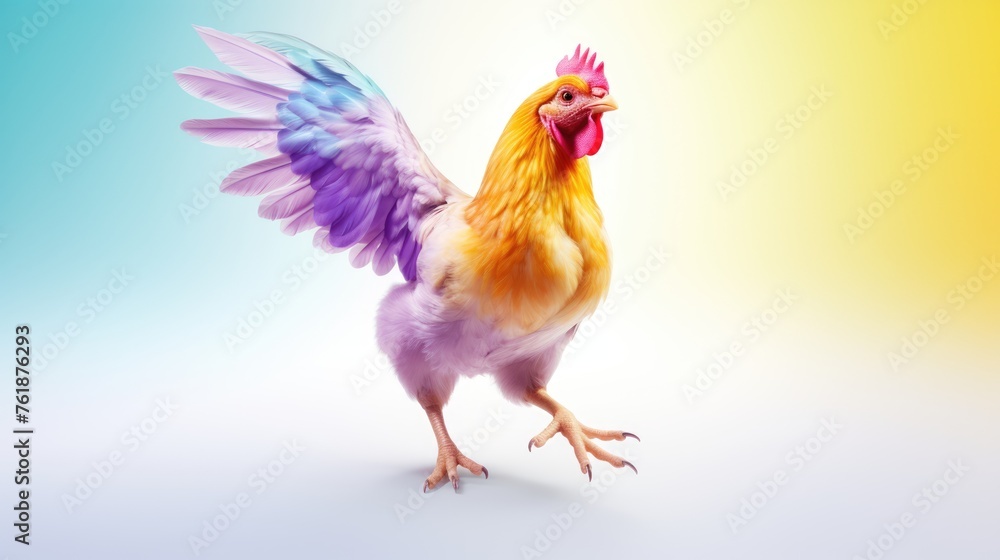 Vibrant chicken flying with colorful rainbow feathers in the sky on bright background
