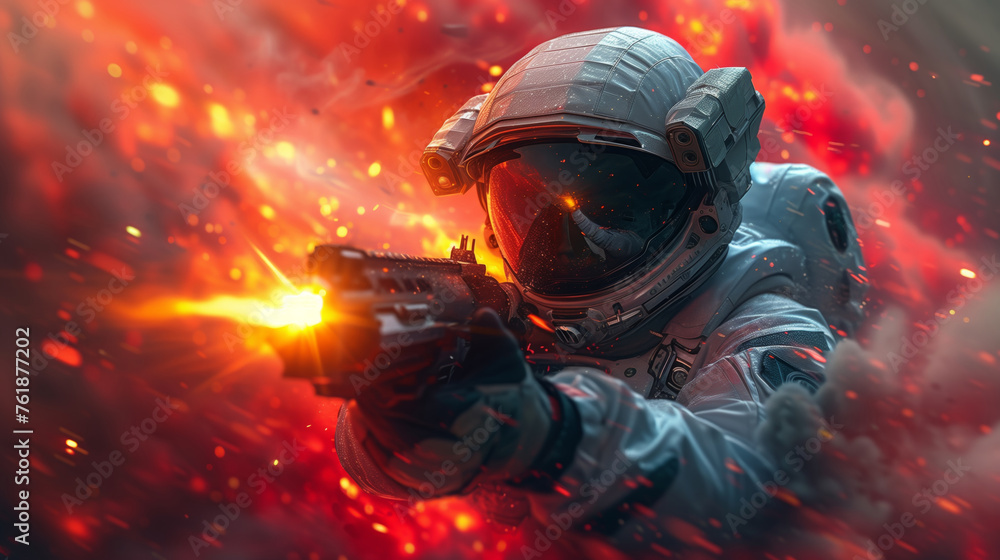 Futuristic Soldiers with Sci-Fi Weapon in Hands Ready for the Battle, soldier in full gear firing a weapon amidst a dramatic, Space War Concept illustration Futuristic Soldiers with Sci-Fi Weapon in Hands Ready for the Battle, soldier in full gear firing a weapon amidst a dramatic, Space War Concept illustration