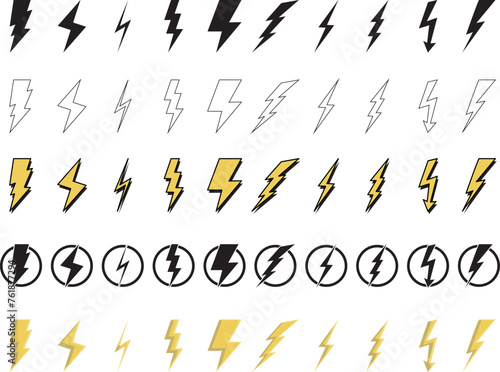 Lightning bolt symbol set, lightning logos, lightning icons solid color, shaded and lightning with circle.