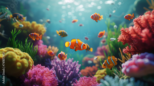 Clownfish swimming among coral in sea